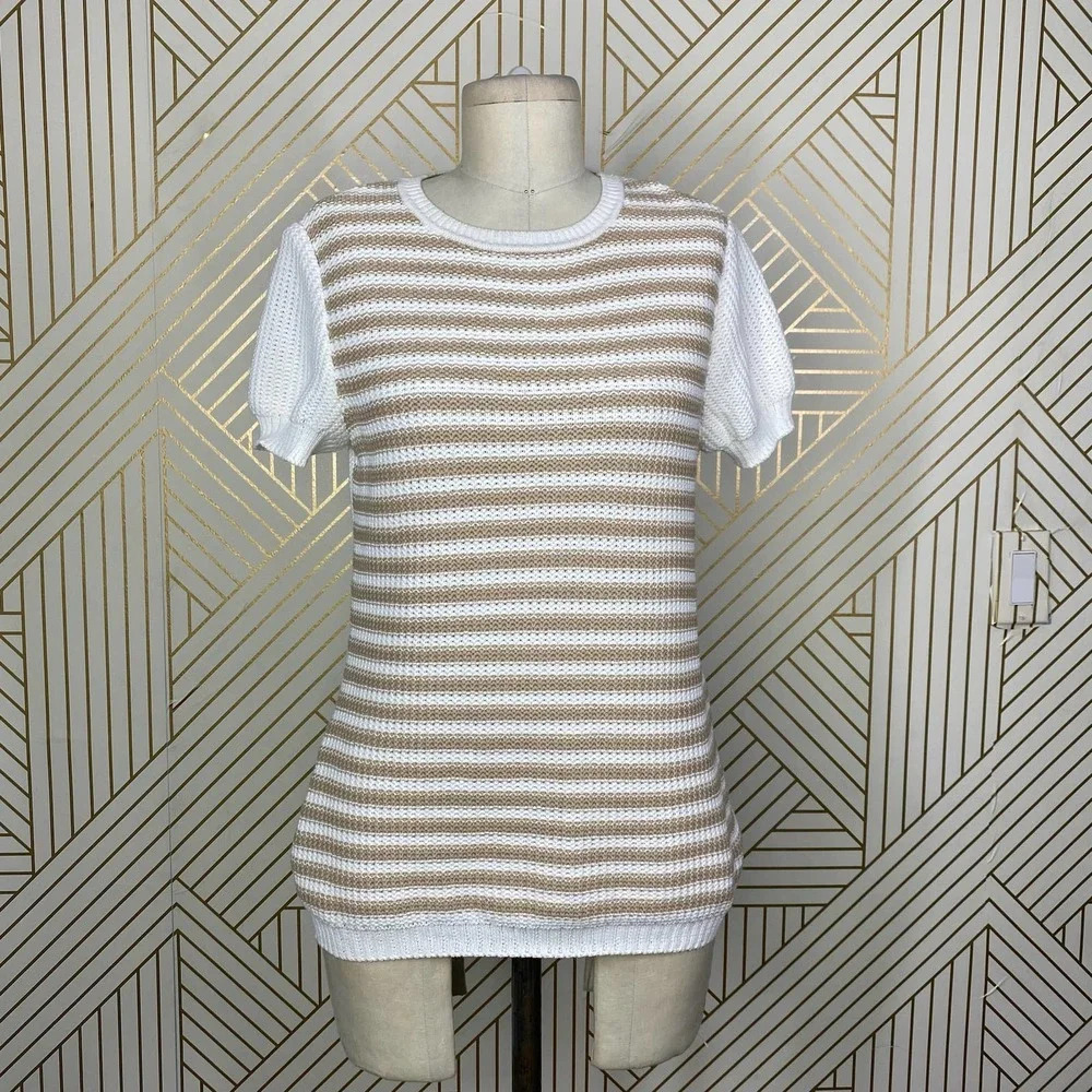 St. John Sport Striped Short Sleeve Knit Sweater In White & Tan Size Us Xs